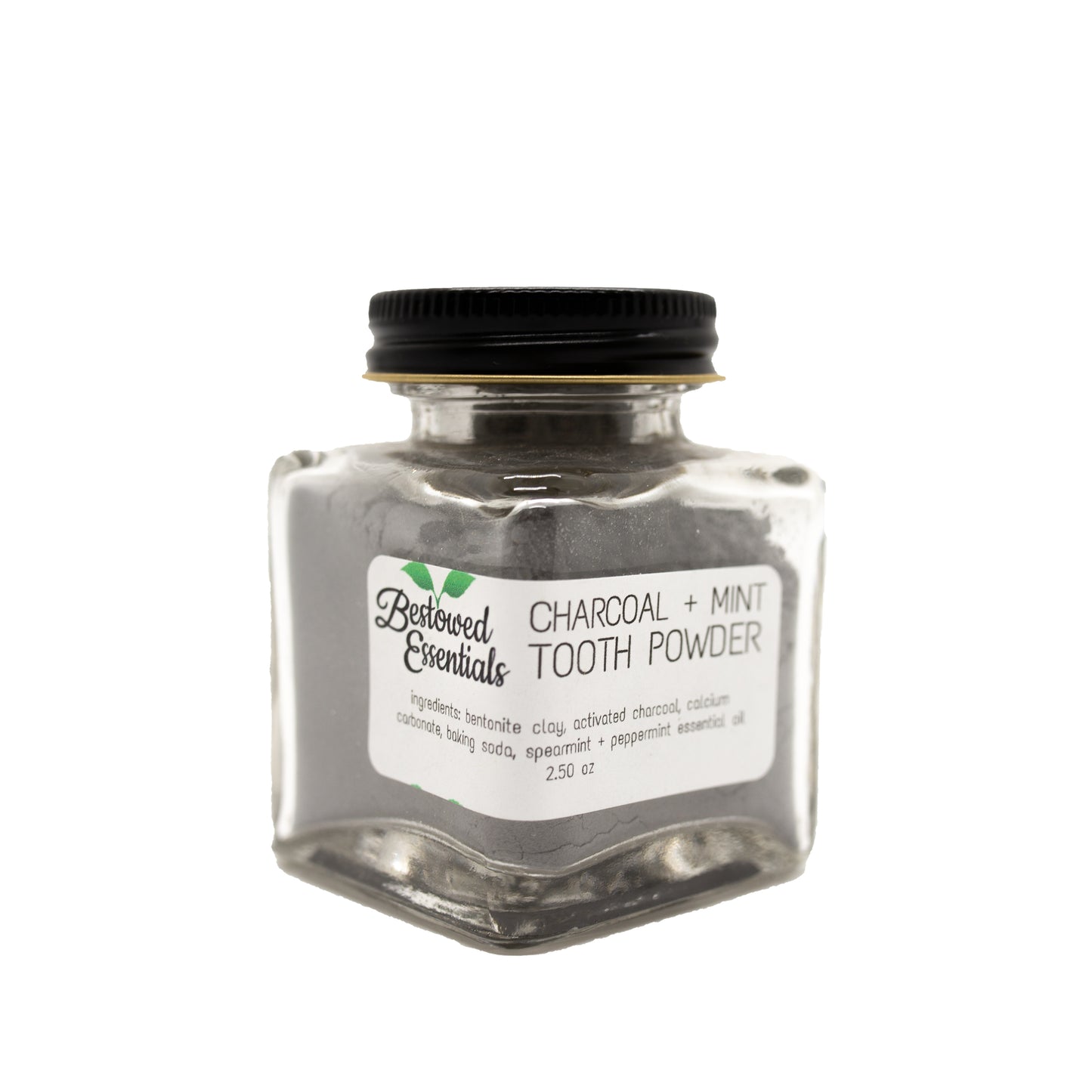 Square bottle of gray tooth powder with a black lid.